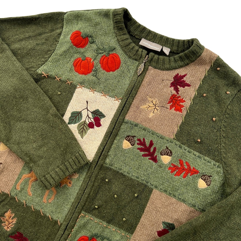 Croft & Barrow Full Zip Sweater Women XL Green Fall Patchwork Pumpkin Cottage